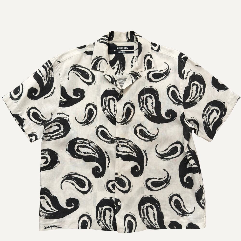 Jacquemus Le Raphia Paisley Print Camp Shirt White Sz 50